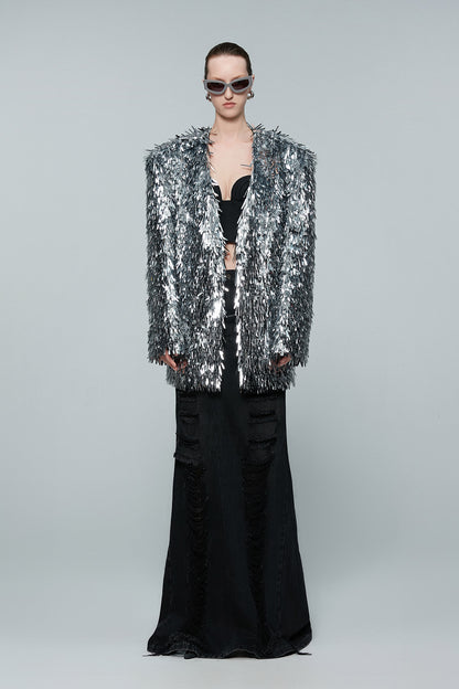 Sequin collarless silhouette suit