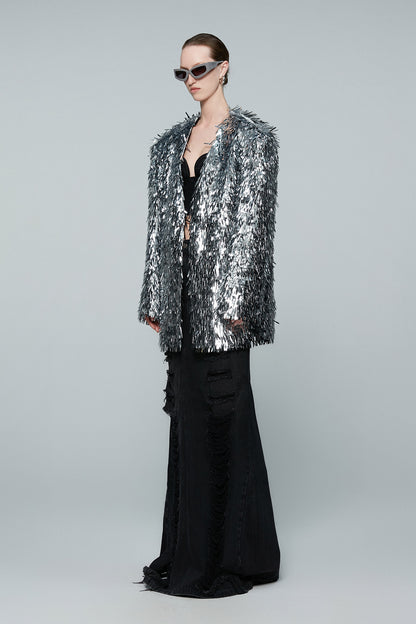 Sequin collarless silhouette suit