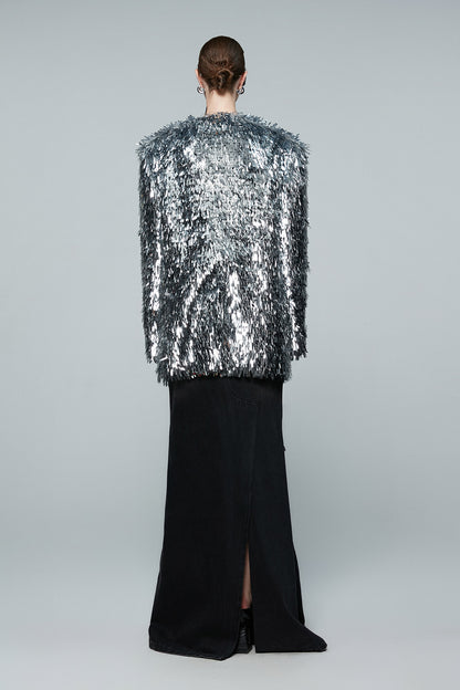 Sequin collarless silhouette suit