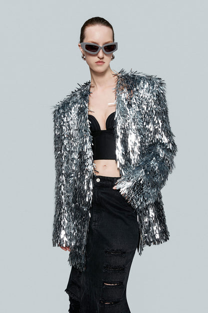 Sequin collarless silhouette suit