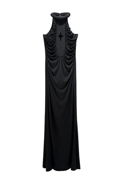 Four-pointed star-hollowed pleated halter dress