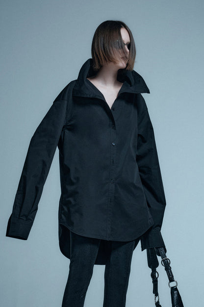 Stand-neck loose ultra-long sleeve shirt