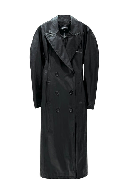 Long coat with curved sleeves and waist