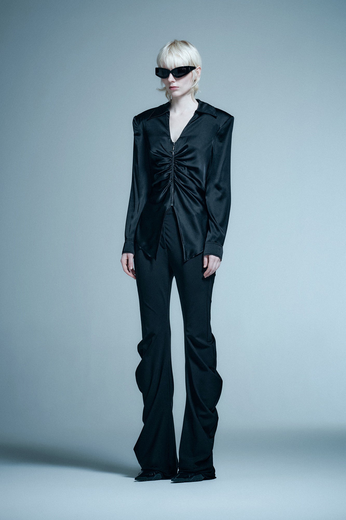 Silk V-neck gathered shirt