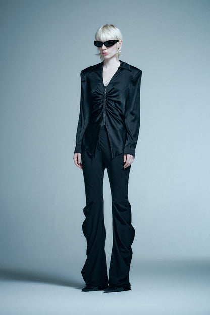 Silk V-neck gathered shirt