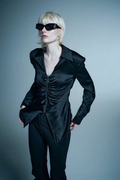 Silk V-neck gathered shirt