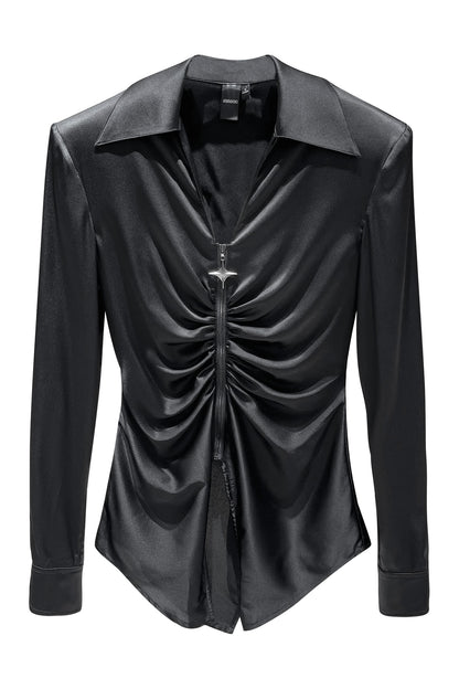 Silk V-neck gathered shirt