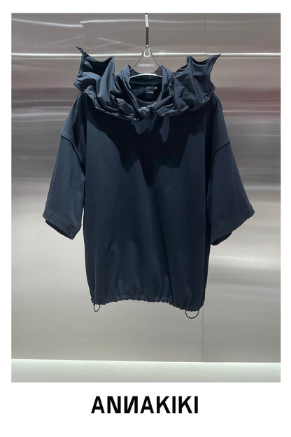Star Ribbon hem pleated short T-shirt