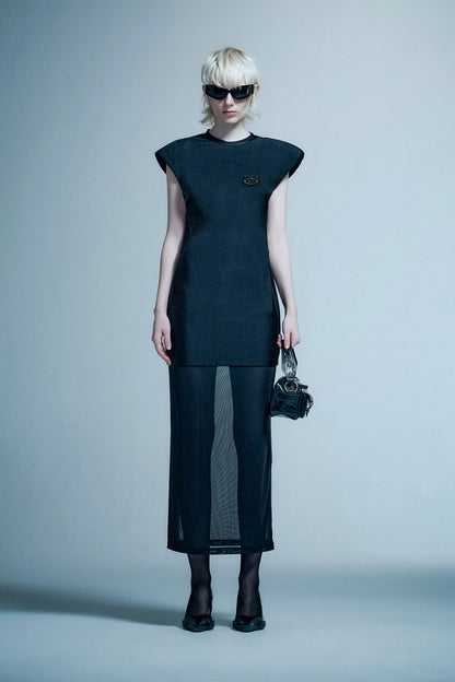 Wide shoulder mesh patchwork dress