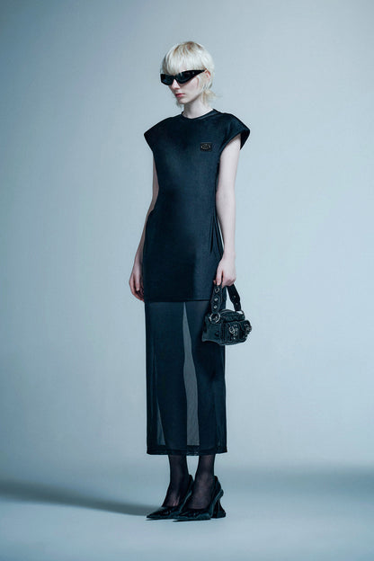 Wide shoulder mesh patchwork dress