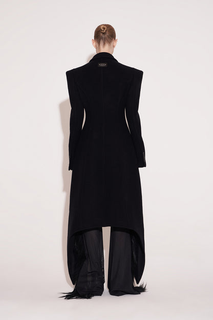 Wool coat with wide shoulders and swallowtail hem