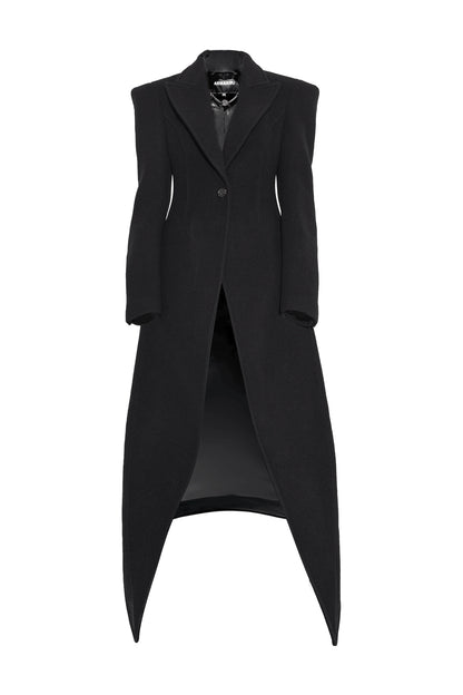 Wool coat with wide shoulders and swallowtail hem